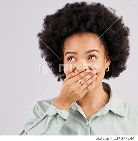 Thinking, surprise and black woman with a hand on her mouth, shocked and omg against a grey studio background. Female, afro and person cover lips, wtf and facial expression for news and announcement Thinking, surprise and black woman with a hand on her mouth, shocked and omg against a grey studio background. Female, afro and person cover lips, wtf and facial expression for news and announcement 134077144