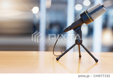Broadcast, podcast and radio with microphone in office for live streaming, recording and interview mockup. Technology, network and news with equipment in studio for communication, media and audio Broadcast, podcast and radio with microphone in office for live streaming, recording and interview mockup. Technology, network and news with equipment in studio for communication, media and audio 134077192