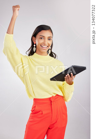 Winner, excited and portrait of woman on tablet for online bonus, winning and wow celebration on white background. Studio, success and girl cheer on digital tech for social media, internet and app Winner, excited and portrait of woman on tablet for online bonus, winning and wow celebration on white background. Studio, success and girl cheer on digital tech for social media, internet and app 134077322