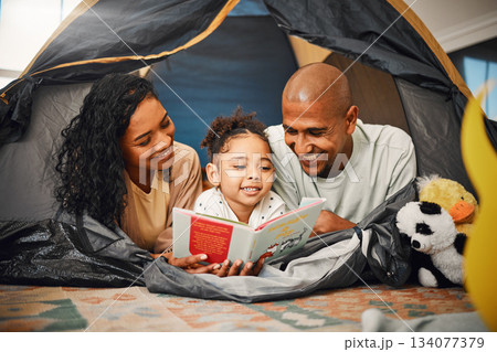 Home, camping and child reading story book, cartoon comic books and bonding with mother, father or happy family parents. Love, youth development or storytelling for kid listening to fairytale fantasy Home, camping and child reading story book, cartoon comic books and bonding with mother, father or happy family parents. Love, youth development or storytelling for kid listening to fairytale fantasy 134077379