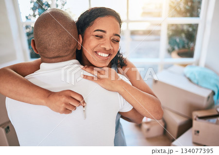 Keys, home and couple hug in apartment excited for moving into new house, property and real estate. Homeowners, love and happy man and woman with key for mortgage, investment and rent in living room Keys, home and couple hug in apartment excited for moving into new house, property and real estate. Homeowners, love and happy man and woman with key for mortgage, investment and rent in living room 134077395