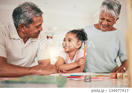 Happy family grandparents, education and kid learning, doing kindergarten homework or remote home school. Creative study, knowledge and child studying in youth development lesson with senior people Happy family grandparents, education and kid learning, doing kindergarten homework or remote home school. Creative study, knowledge and child studying in youth development lesson with senior people 134077417