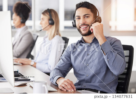 Portrait, call center and customer service with a man consulting using a headset in his support office. CRM, contact us or telemarketing with a male consultant working in an agency for communication Portrait, call center and customer service with a man consulting using a headset in his support office. CRM, contact us or telemarketing with a male consultant working in an agency for communication 134077631