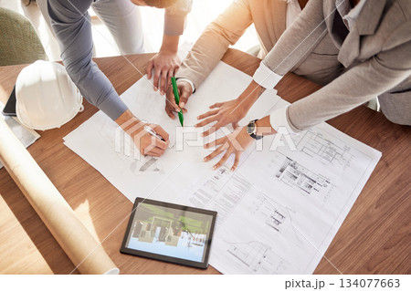 Top view, engineer and hands with blueprint, tablet and planning for new project, share ideas and check details. Architecture, business people and employees with documents, paperwork and technology 134077663