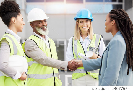Handshake, architecture and collaboration with people on construction site for planning, engineering and deal. Designer, building and contract with contractors for teamwork, welcome and industry 134077673