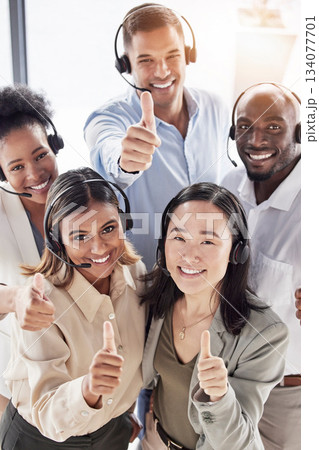 Portrait, call center and happy business people with thumbs up for achievement, success and celebrate winning goals. Diversity team, telemarketing and thumb emoji for collaboration, support and trust 134077701