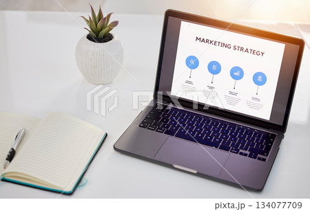 Laptop, marketing and strategy with notebook and screen on office desk for planning, schedule or brainstorming. Computer with book for notes and project plan with display for corporate advertising 134077709