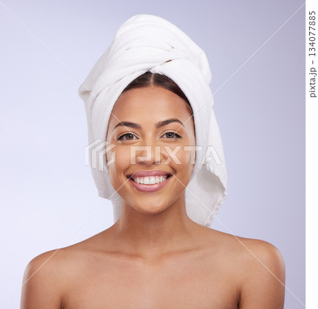 Natural face portrait, towel or happy woman in studio isolated on white background for skincare beauty. Facial treatment, bathroom shower or Brazilian girl model relaxing with glow or self love 134077885