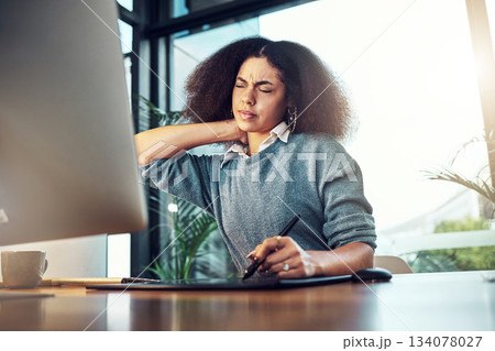 Neck pain problem, office or business woman with anatomy injury, medical emergency or muscle strain accident. Burnout, crisis and corporate person, graphic designer or tired agent with stress tension 134078027