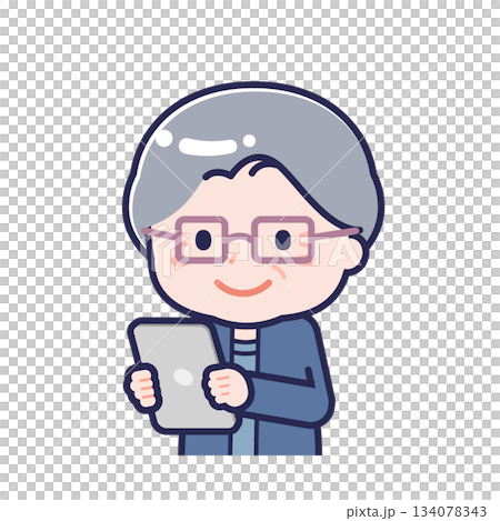 A "senior" woman in casual clothes using a tablet 134078343