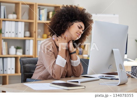 Stress, office or woman with neck pain injury, fatigue or bad posture in business or company desk. Burnout, tired girl or injured female worker frustrated or stressed by muscle tension or problem Stress, office or woman with neck pain injury, fatigue or bad posture in business or company desk. Burnout, tired girl or injured female worker frustrated or stressed by muscle tension or problem 134078355