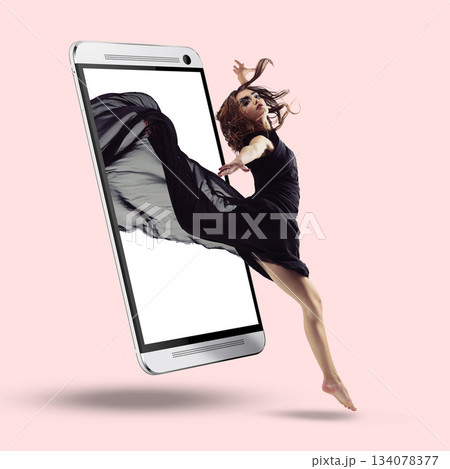 Studio, phone screen and dance, woman in fabric dress on pink background for advertising or digital marketing. Performance, music app and mobile, dancer with mock space backdrop and product placement 134078377