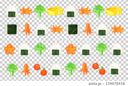 一組4個水彩手繪便當食材和裝飾線條 | 可愛的飯糰、玉子燒、香腸和蔬菜邊框元素 134078438