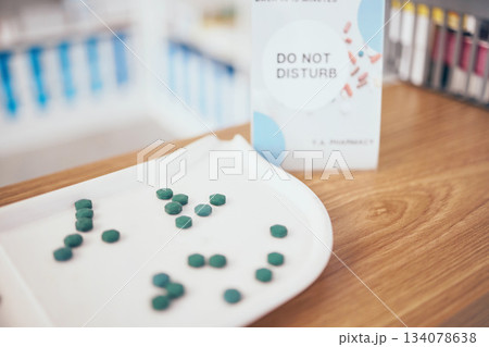 Pills, healthcare and medicine in an empty pharmacy for the treatment or cure of disease and insurance. Do not disturb, medical and medicine dose, supply or course in a pharmaceuticals clinic 134078638