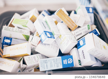 Closeup of medicine, boxes and shopping in pharmacy, drugstore service and consumer market. Retail dispensary, pharmaceutical stock and basket of pills, supplements and products of medical tablets Closeup of medicine, boxes and shopping in pharmacy, drugstore service and consumer market. Retail dispensary, pharmaceutical stock and basket of pills, supplements and products of medical tablets 134078640