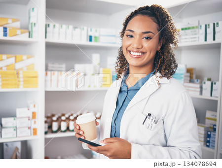 Pharmacist, phone or portrait of happy woman with coffee texting in pharmacy to contact email or online chat. Social media, smile or doctor on mobile app typing to search medical news on tea break Pharmacist, phone or portrait of happy woman with coffee texting in pharmacy to contact email or online chat. Social media, smile or doctor on mobile app typing to search medical news on tea break 134078694