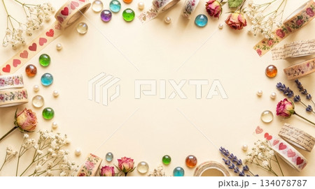 Plain Background with Cute Vintage Tape, Beads, and Dried Flowers Border Plain Background with Cute Vintage Tape, Beads, and Dried Flowers Border 134078787