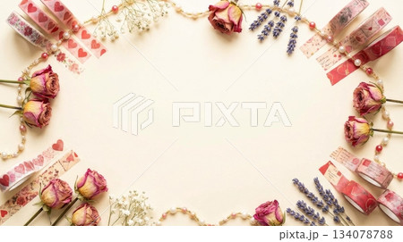 Plain Background with Cute Vintage Tape, Beads, and Dried Flowers Border Plain Background with Cute Vintage Tape, Beads, and Dried Flowers Border 134078788