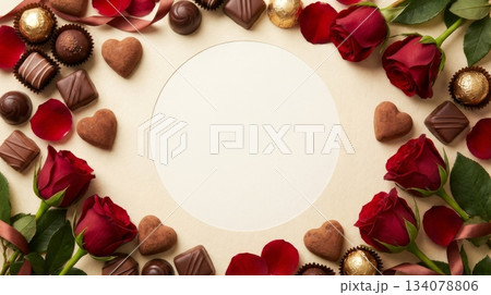 Plain Background with Chocolates and Red Roses Border Plain Background with Chocolates and Red Roses Border 134078806