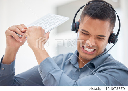 Stress, frustrated or angry man in call center breaking computer keyboard in crm consulting fail or 404 glitch. Anger problem, crazy screaming or mad customer services agent in technology smash Stress, frustrated or angry man in call center breaking computer keyboard in crm consulting fail or 404 glitch. Anger problem, crazy screaming or mad customer services agent in technology smash 134078870