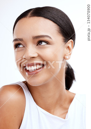 Smile, beauty and face of woman on a white background for self love, confidence and happiness in studio. Skincare, salon mockup and isolated happy girl with natural makeup, cosmetics and wellness Smile, beauty and face of woman on a white background for self love, confidence and happiness in studio. Skincare, salon mockup and isolated happy girl with natural makeup, cosmetics and wellness 134078900