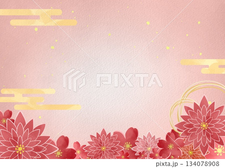 水彩風の赤い和花フレーム背景イラスト 134078908