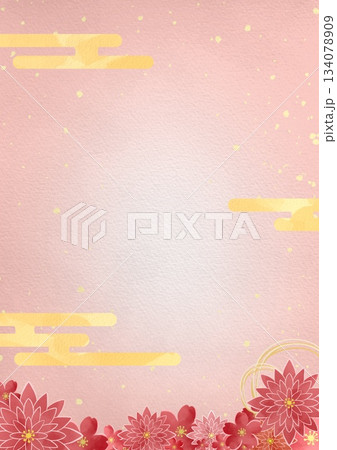 水彩風の赤い和花フレーム背景イラスト 134078909