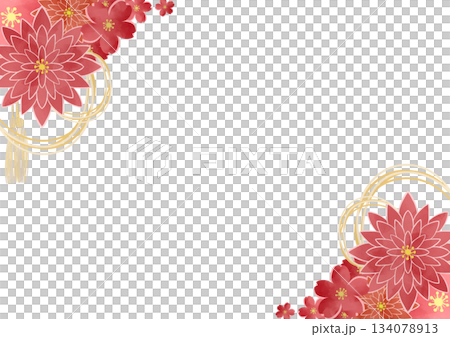 水彩風の赤い和花フレーム背景イラスト 水彩風の赤い和花フレーム背景イラスト 134078913