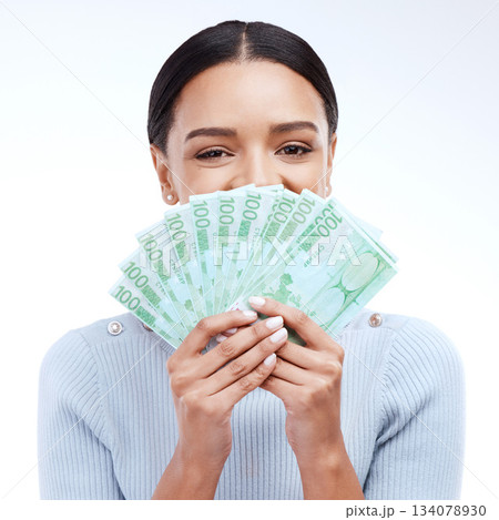 Money woman, face or portrait eyes with lottery win, competition giveaway or euro cash award. Finance trading person, financial freedom or hiding winner with wealth payment on white background studio Money woman, face or portrait eyes with lottery win, competition giveaway or euro cash award. Finance trading person, financial freedom or hiding winner with wealth payment on white background studio 134078930