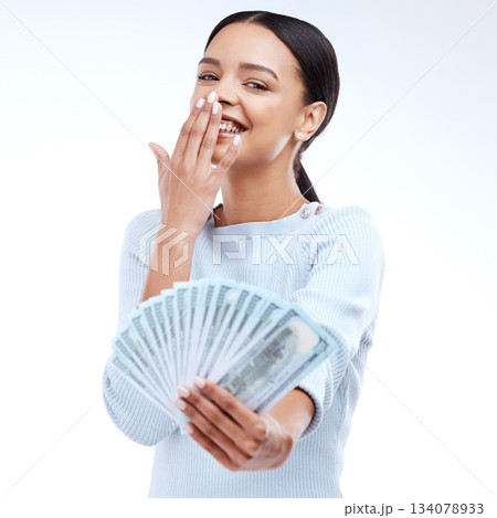 Studio money, portrait and laughing woman with lotto win, competition giveaway or cash dollar award. Finance trading, funny joke or prize winner of poker, bingo or casino gambling on white background Studio money, portrait and laughing woman with lotto win, competition giveaway or cash dollar award. Finance trading, funny joke or prize winner of poker, bingo or casino gambling on white background 134078933