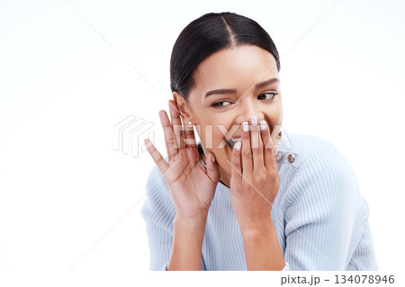 Laughing, woman and listening in studio for gossip, secret or mockup on isolated white background. Rumor, news and girl with hand emoji for privacy, whispering and silent, mystery and sharing story 134078946