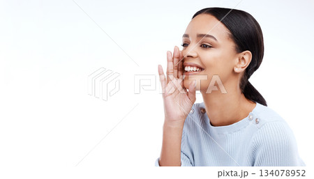 Happy, woman and hands in studio for whisper, secret or gossip against isolated white background. Rumor, news and girl with hand emoji for privacy, whispering and silent, mystery and mock up sharing 134078952