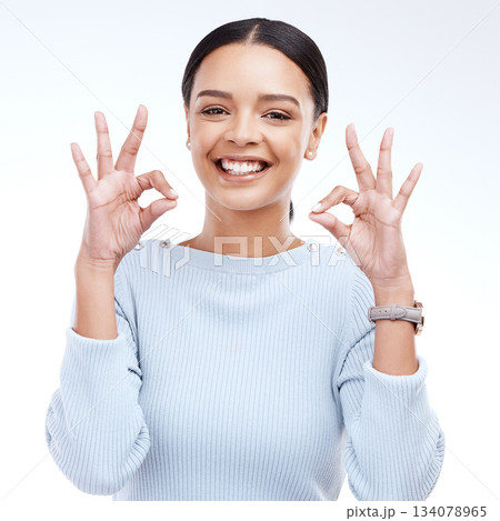 Portrait, hands and perfect sign by woman in studio for okay, agree and positive review on white background. Face, like and happy girl with emoji hand for success, vote and support or yes isolated 134078965