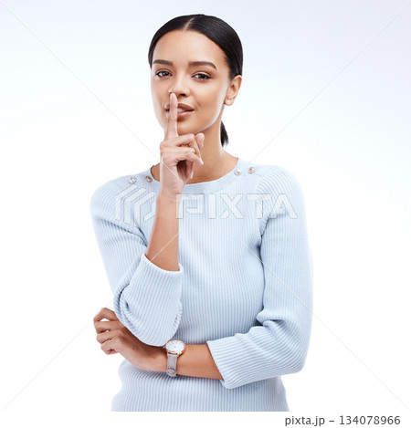 Woman, secret and portrait in a studio with gossip, confidential news and emoji hand sign. Isolated, white background and female model with shush hands gesture with privacy from drama and whisper Woman, secret and portrait in a studio with gossip, confidential news and emoji hand sign. Isolated, white background and female model with shush hands gesture with privacy from drama and whisper 134078966