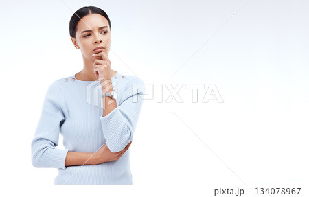 Thinking, mockup and a woman with a difficult decision isolated on a white background in a studio. Doubt, confused and a corporate employee looking thoughtful about business with space on a backdrop Thinking, mockup and a woman with a difficult decision isolated on a white background in a studio. Doubt, confused and a corporate employee looking thoughtful about business with space on a backdrop 134078967
