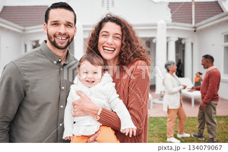 Family, mother and father portrait outdoor with a smile and love for child or baby. Man, woman and happy kid in a backyard for support, care and security in a garden at home for quality time or laugh Family, mother and father portrait outdoor with a smile and love for child or baby. Man, woman and happy kid in a backyard for support, care and security in a garden at home for quality time or laugh 134079067