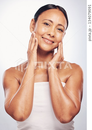 Beauty, happy and portrait of old woman in studio for skincare, facial and spa treatment. Smile, cosmetics and senior with female model on white background for anti aging, natural glow and self care 134079091