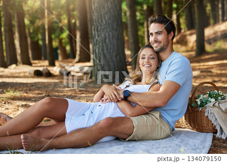 Couple in nature park, cuddle and happy relationship with love and trust, travel and adventure outdoor. Young people hug in forest, outside and happiness together with smile, commitment and care Couple in nature park, cuddle and happy relationship with love and trust, travel and adventure outdoor. Young people hug in forest, outside and happiness together with smile, commitment and care 134079150