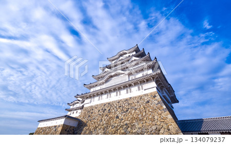 雲が流れる空と姫路城天守(迫力あるローアングル・世界遺産) 雲が流れる空と姫路城天守(迫力あるローアングル・世界遺産) 134079237