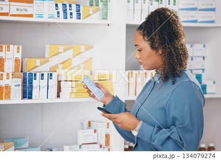 Pharmacy, product and woman check phone for information online, research label on internet or healthcare choice. Person or customer on mobile app, shelf and medical decision of medicine or drugs Pharmacy, product and woman check phone for information online, research label on internet or healthcare choice. Person or customer on mobile app, shelf and medical decision of medicine or drugs 134079274