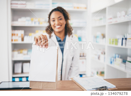 Pharmacy, medicine bag and woman giving package to pov patient in customer services, support or healthcare help desk. Pharmacist or doctor portrait with pharmaceutical note or medical product receipt 134079278