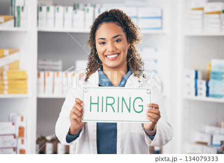Pharmacist woman, smile and poster in portrait for hiring, job and opportunity in healthcare store. Pharmacy, small business owner and paper for recruitment, onboarding and announcement for medicine Pharmacist woman, smile and poster in portrait for hiring, job and opportunity in healthcare store. Pharmacy, small business owner and paper for recruitment, onboarding and announcement for medicine 134079333