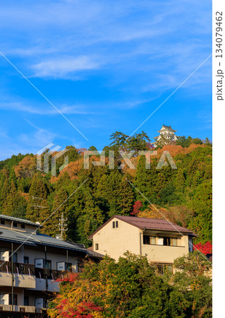 街並み越しに見える秋の郡上八幡城と紅葉の山並み風景 134079462