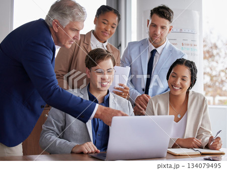 Teamwork, laptop and collaboration of a office group with management and diversity. Business people, computer data check and planning staff with happiness from team building and financial project 134079495