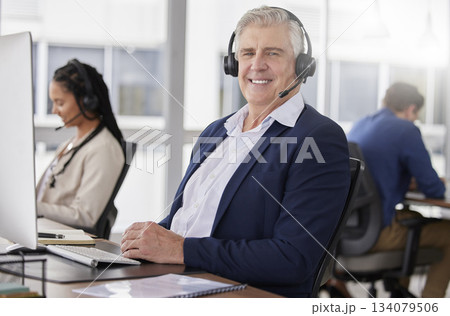 Call center portrait, happy or friendly man in communication, speaking or talking to help with customer services. Smile, crm or mature sales agent with microphone in crm technical support office Call center portrait, happy or friendly man in communication, speaking or talking to help with customer services. Smile, crm or mature sales agent with microphone in crm technical support office 134079506