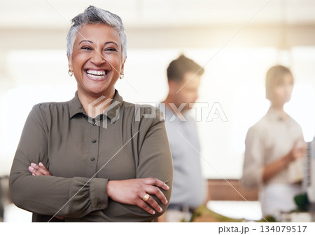 Happy, pride and portrait of a woman with arms crossed in a meeting, seminar or workshop. Smile, leadership and elderly ceo smiling for success of a company at a conference or coworking space Happy, pride and portrait of a woman with arms crossed in a meeting, seminar or workshop. Smile, leadership and elderly ceo smiling for success of a company at a conference or coworking space 134079517