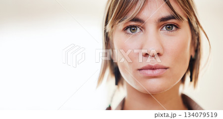 Beauty, serious and portrait of a woman in a studio with a positive and confidence mindset. Beautiful, young and headshot of female model from Mexico standing by a blurry background with mockup space Beauty, serious and portrait of a woman in a studio with a positive and confidence mindset. Beautiful, young and headshot of female model from Mexico standing by a blurry background with mockup space 134079519