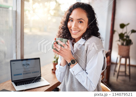Coffee shop, woman portrait and laptop screen for politics business, remote work project or journalist news. Happy biracial person at Internet cafe for research ideas, inspiration or website article 134079521
