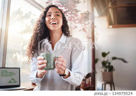 Coffee shop, happy woman and laptop screen for business startup, remote work or recycling project and sustainability. Happy biracial person at Internet cafe for website ideas, inspiration or planning Coffee shop, happy woman and laptop screen for business startup, remote work or recycling project and sustainability. Happy biracial person at Internet cafe for website ideas, inspiration or planning 134079524