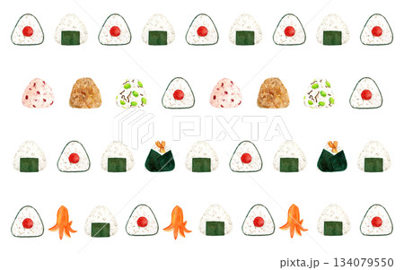 手描き水彩のおにぎり装飾ラインセット｜梅・天むす・赤飯・枝豆・焼きおにぎり・ウインナー入り 134079550